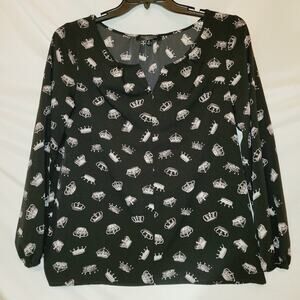 Thakoon womens black and white all over crown print long sleeved blouse Size Med